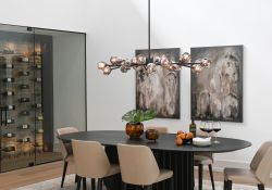 luxury dining room Italian furniture custom wine wall commissioned art pieces leather dining chairs vaulted ceilings