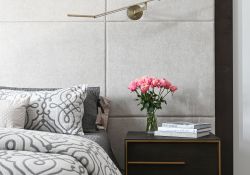 Custom headboard custom upholstery brass sconce modern bedroom luxury bedroom restoration hardware
